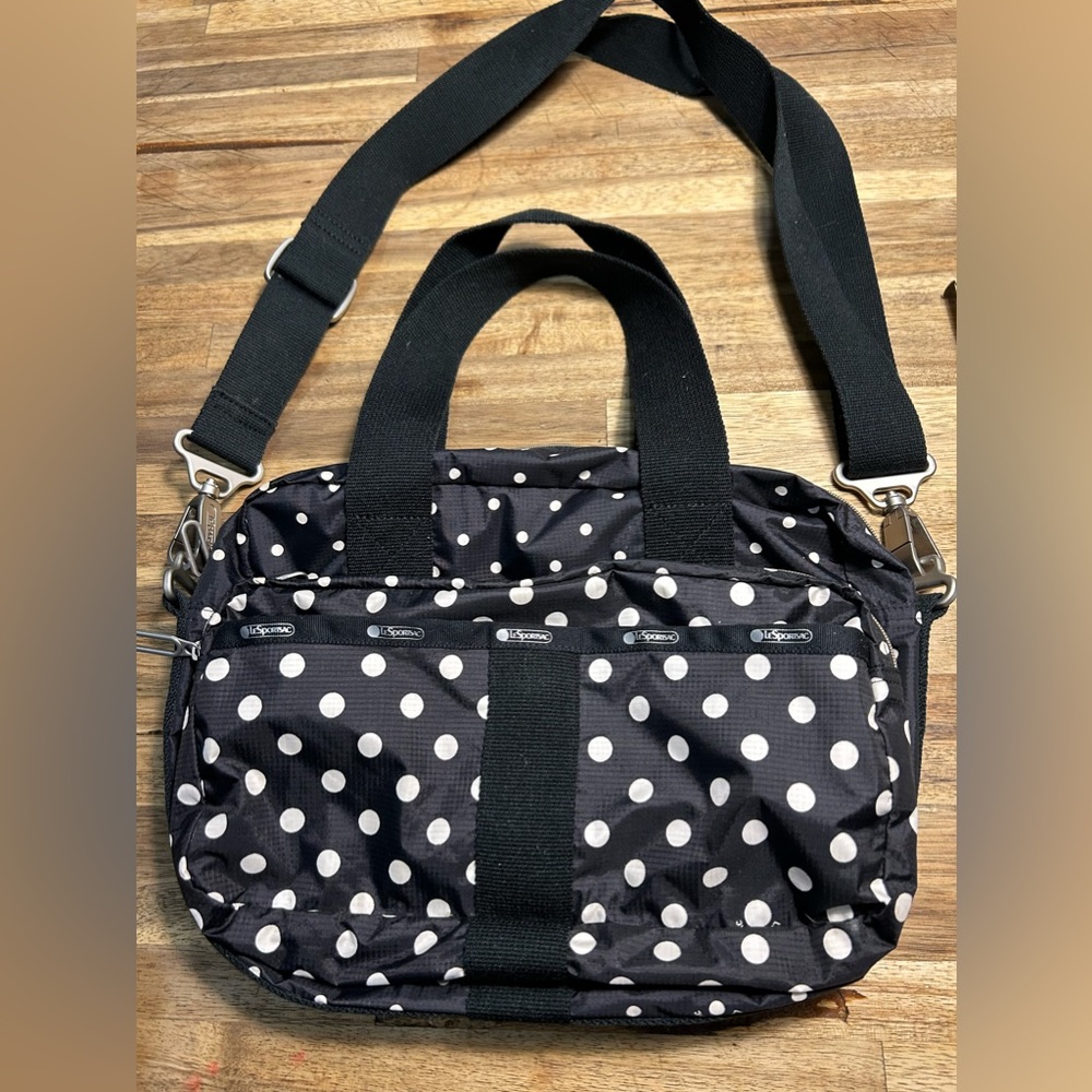 LeSportsac medium crossbody bag in black with white polka dots